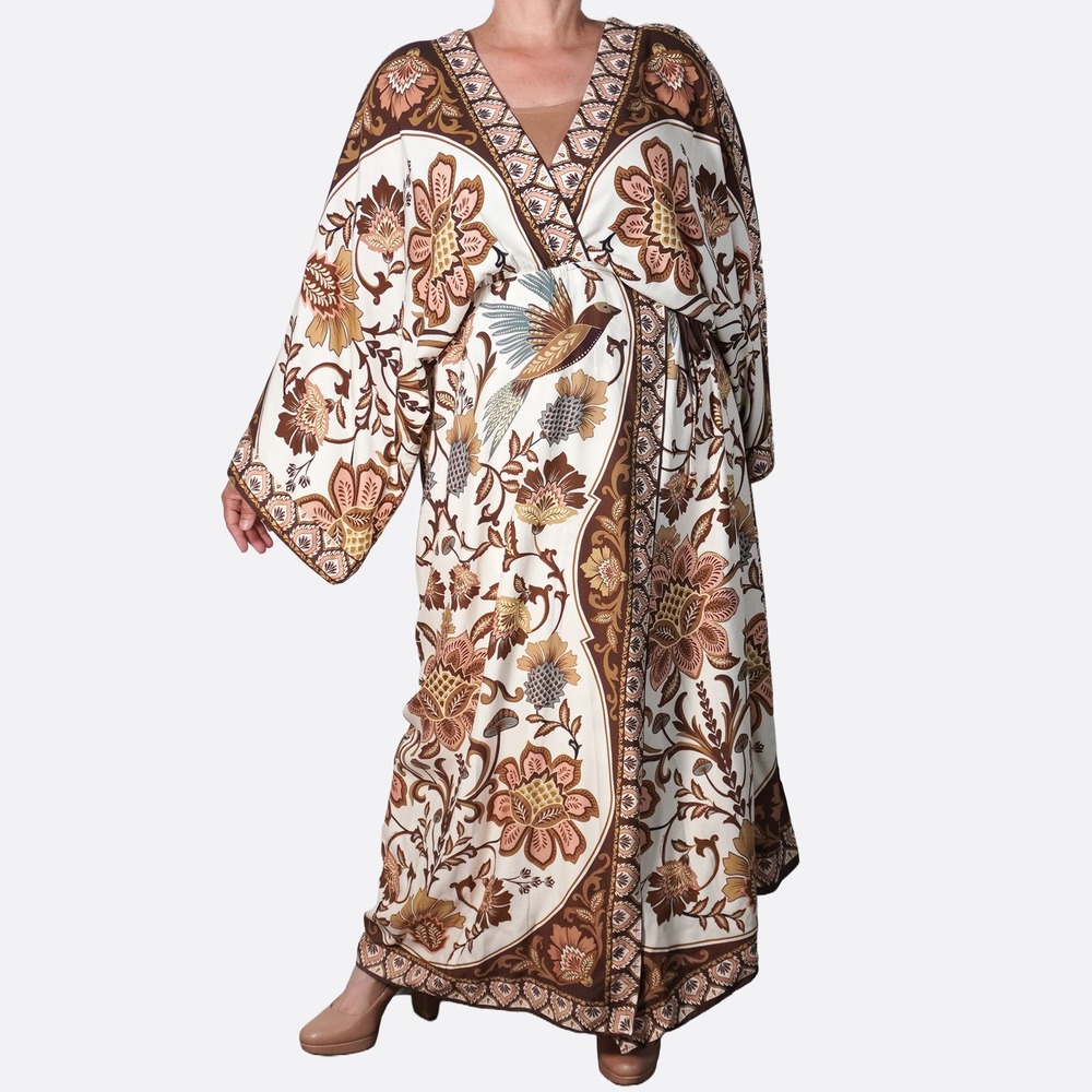 FARM Rio 100% Viscose Bird Romance Print Brown Maxi Dress XL/1X Wedding Guest